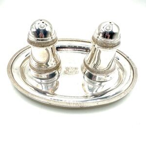 Elegant Silver Plated Salt and Pepper Shakers w/Tray, Good Preowned Vintage Cond